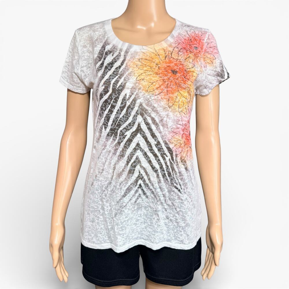 Y2K Artisans Apparel Womens T Shirt Top Bright Floral Print Nearly Sheer Medium